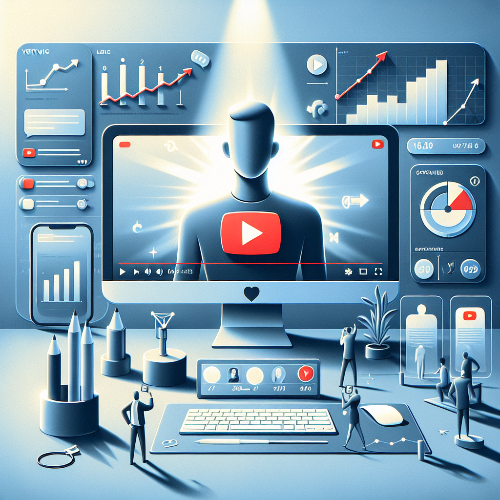 מסך מחשב או טלפון חכם מציג סרטון יוטיוב עם מונה צפיות עולה במהירות, לצד סמלים של יוטיוב וגרפים הממחישים עלייה בחשיפה. תמונה מקצועית ומתמקדת בנושא קניית צפיות אמיתיות ביוטיוב.