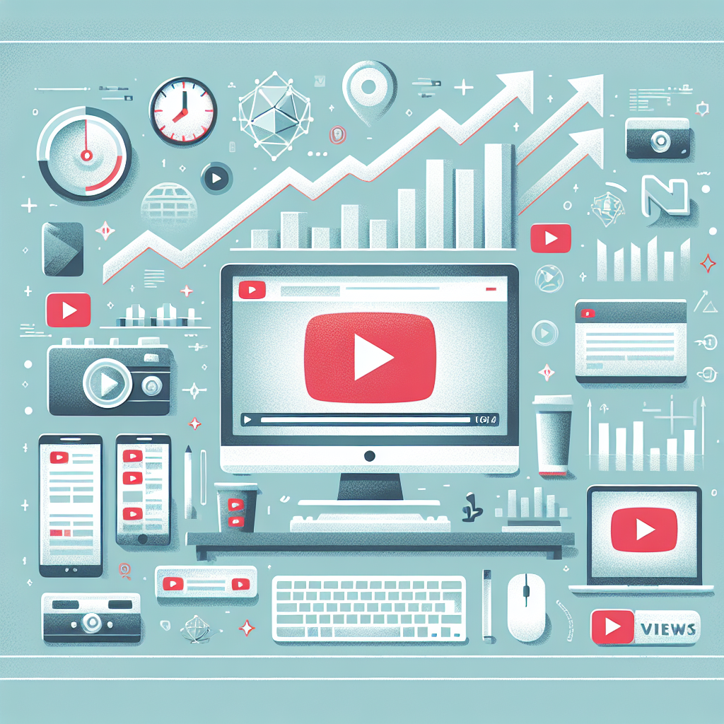 תצוגה עליונה של שולחן עבודה דיגיטלי עם מסך מחשב פתוח על יוטיוב, מוקף באייקונים של חיצים ממריאים, כפתורי הפעלה ומונה צפיות, המדגישים קידום ערוץ וצמיחה במספר הצפיות ביוטיוב