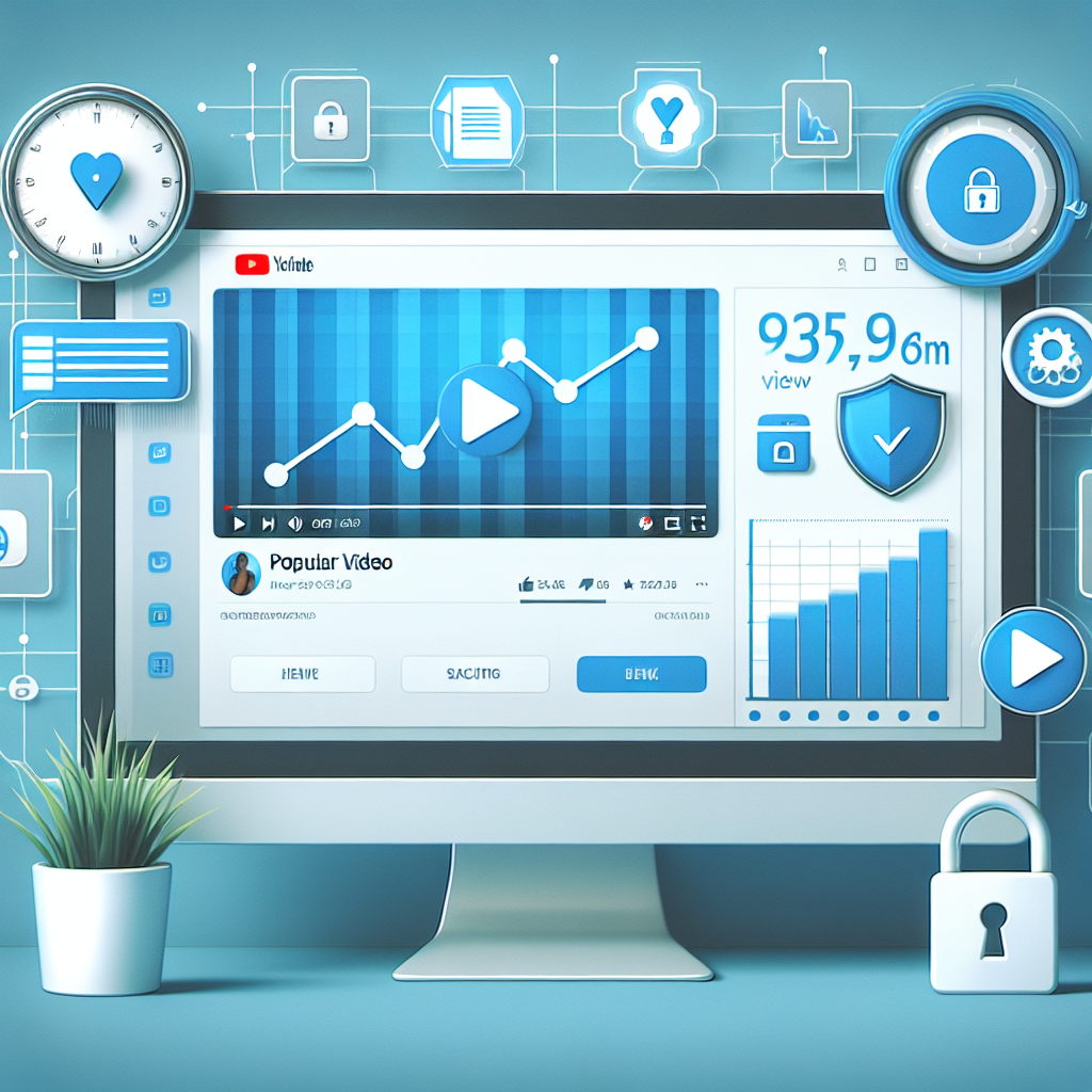 איור של מסך מחשב עם סרטון פופולרי ביוטיוב, גרף עלייה בצפיות ואיקונים של אמינות ובטיחות, שממחישים מדריך לקניית צפיות אמיתיות ביוטיוב בצורה בטוחה