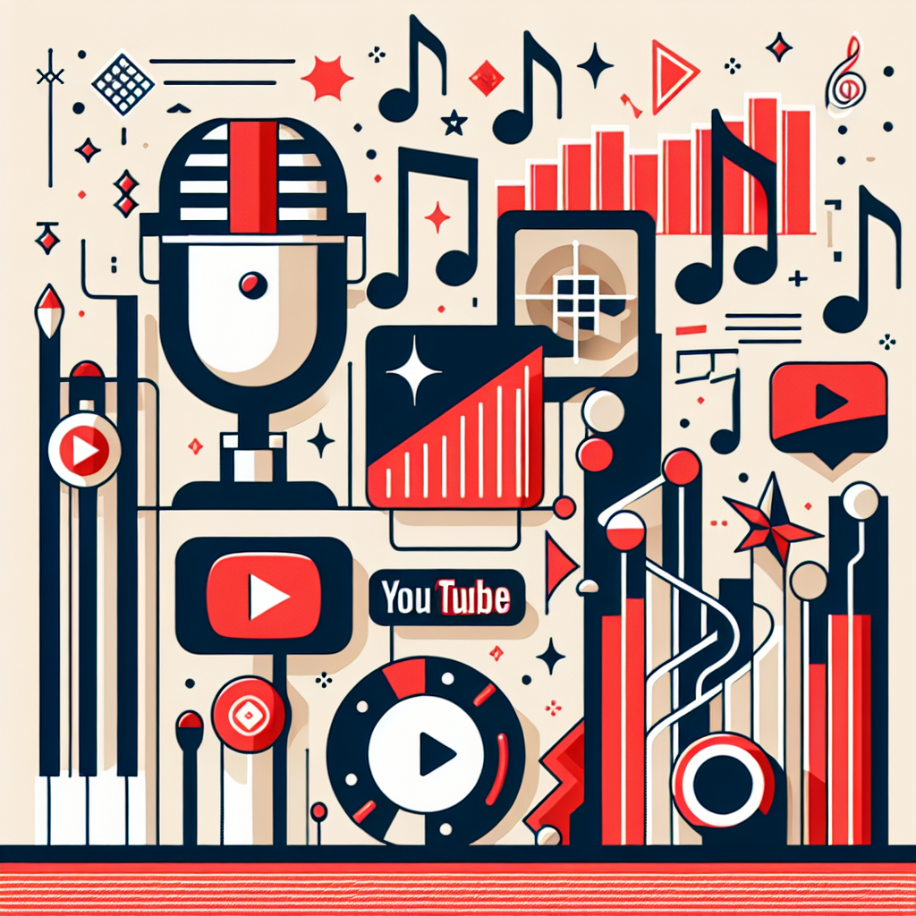 תמונה של מיקרופון, תווים מוזיקליים וסמל יוטיוב לצד גרף עלייה, הממחישה קידום זמרים ביוטיוב ובניית מותג מוזיקלי מצליח.