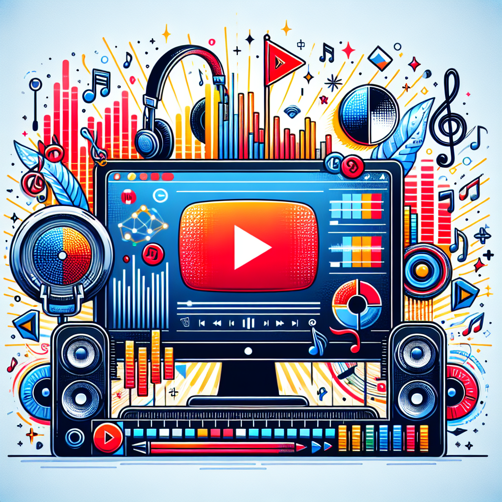 תצוגה גרפית מודרנית של ממשק יוטיוב עם תווים מוזיקליים, מיקרופון וגרפים של עלייה בקידום זמרים ביוטיוב, לצד סמלים מוזיקליים צבעוניים ובלי אנשים.