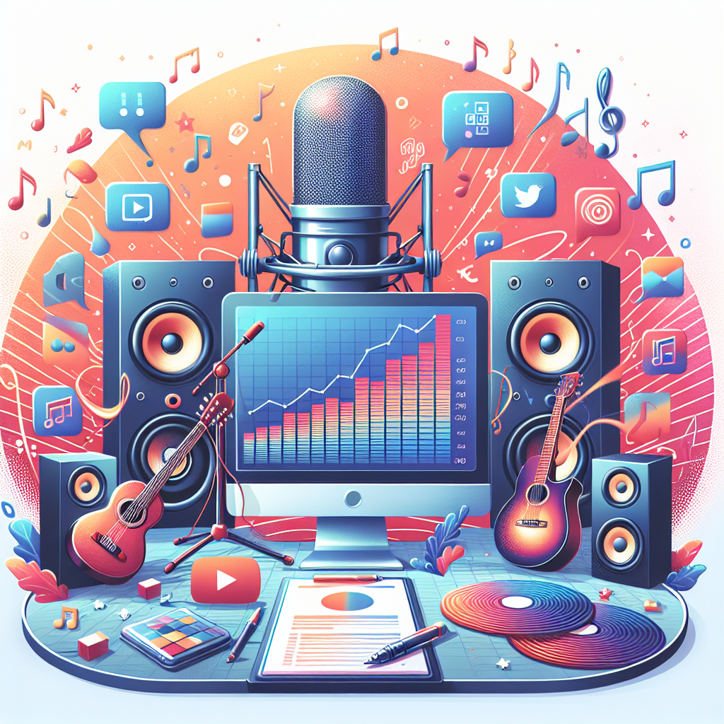 סמל מיקרופון מקצועי, רמקולים, תווים מוזיקליים ומסך מחשב עם גרף עלייה לציון קידום זמרים ביוטיוב והצלחה דיגיטלית