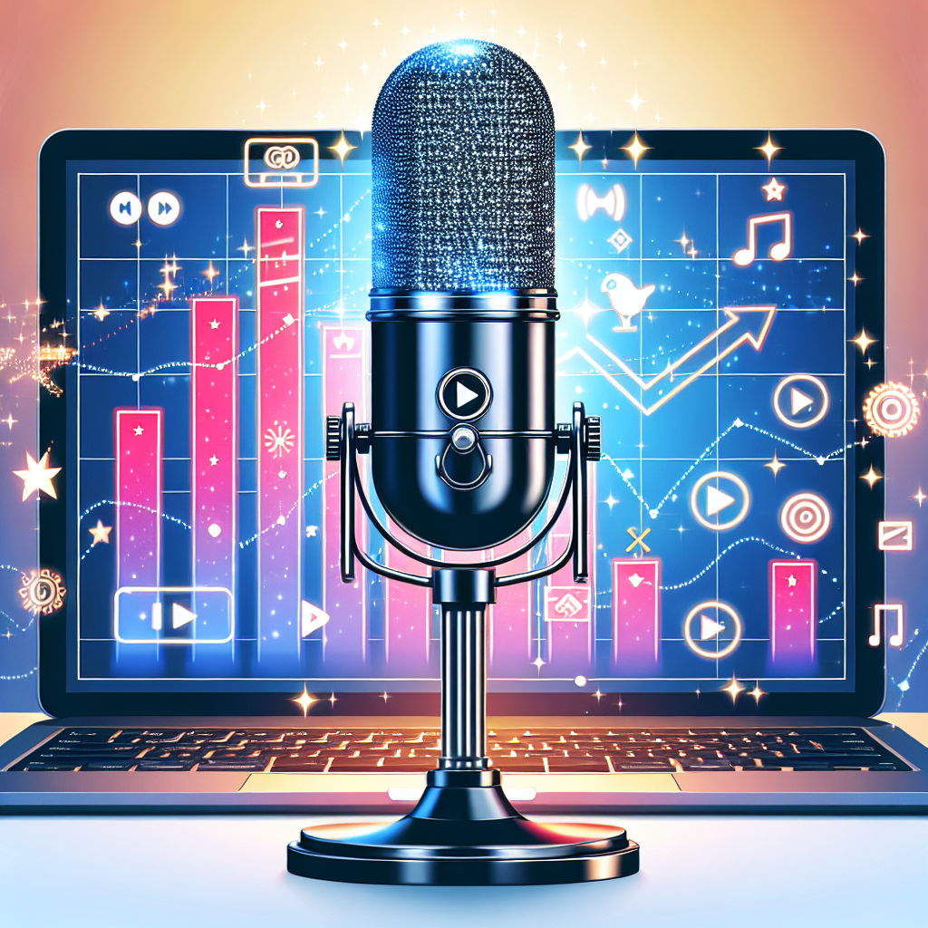 מיקרופון מקצועי על רקע מסך מחשב עם לוגו יוטיוב, אייקונים של מוזיקה וגרף צפיות, המייצגים קידום זמרים ביוטיוב