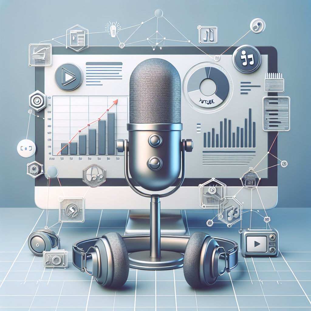 מיקרופון עומד ליד מסך מחשב המציג גרפים של צפיות, לוגו יוטיוב ואוזניות – אילוסטרציה לקידום זמרים ביוטיוב והצלחה ויראלית