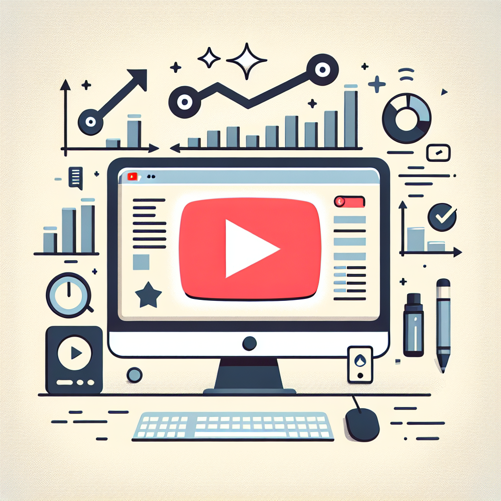 מחשב עם מסך המציג את לוגו יוטיוב וגרף צפיות עולה, לצד אייקונים של אנליטיקה, צמיחה ואימות – המחשה לקניית צפיות אמיתיות ביוטיוב והשפעתה