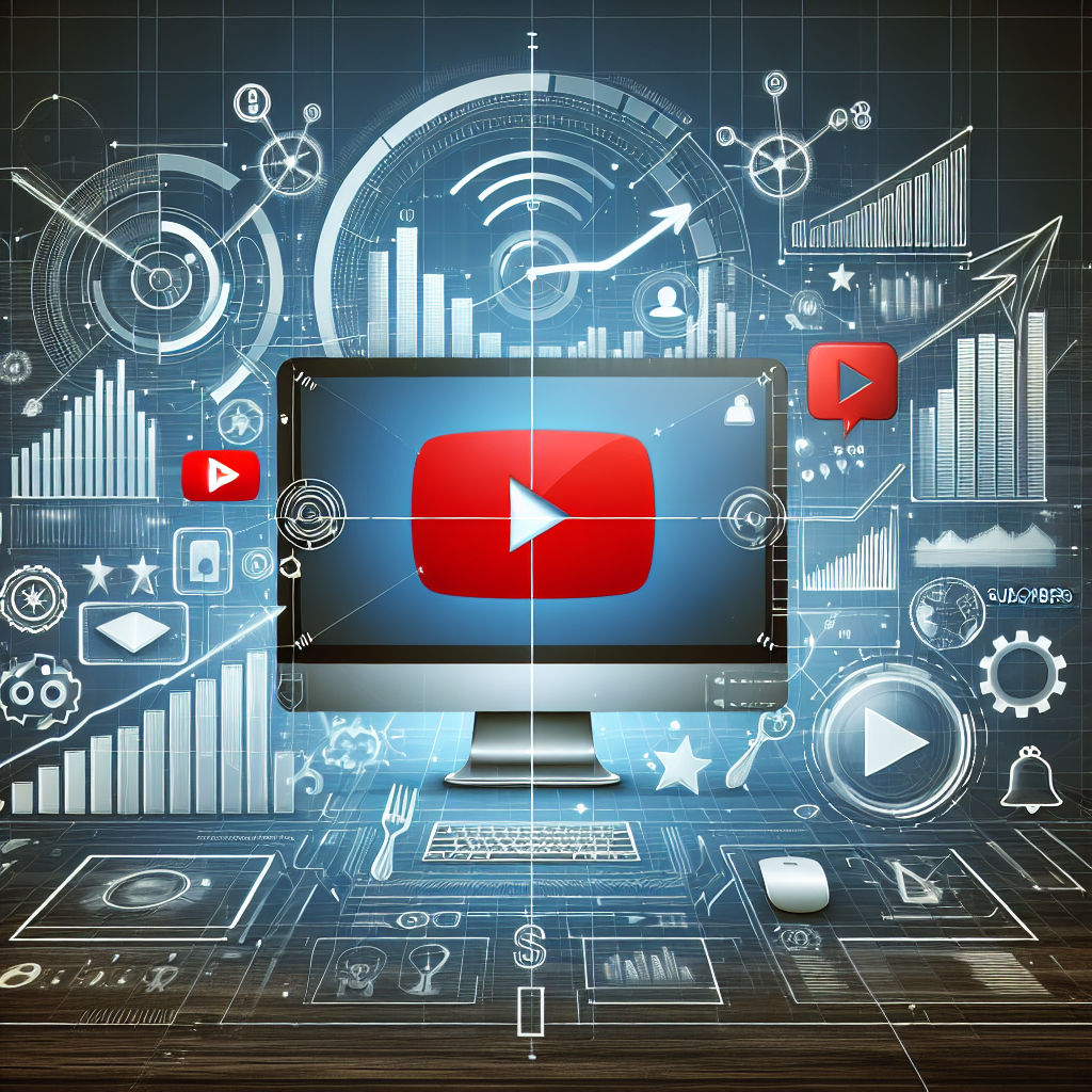 גרפיקה ממוחשבת המציגה מסך עם לוגו יוטיוב, גרפים ואייקונים של קידום ביוטיוב, המסמלת הגדלת צפיות ומנויים במהירות