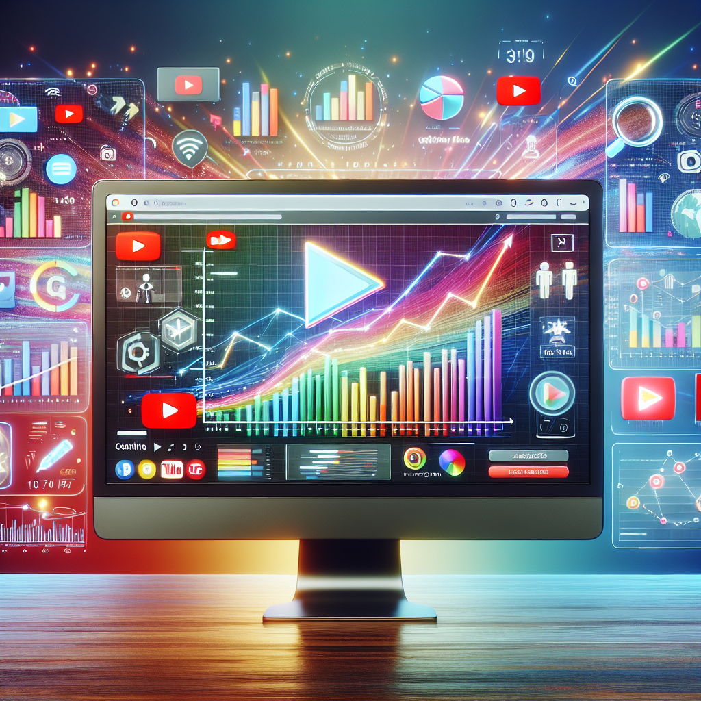 אינטרפייס מודרני של יוטיוב על מסך מחשב עם גרפים עולים, סמלילי נוטיפיקציות וכלי קידום דיגיטלי. התמונה מדגישה נושאים של קידום ביוטיוב, חשיפה וגדילה ויראלית של ערוץ.