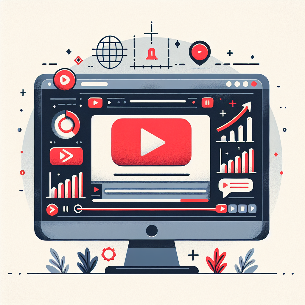 איור מודרני של מסך מחשב פתוח על דף יוטיוב, גרף נתונים עולה ואייקונים של יוטיוב הממחישים קידום ביוטיוב