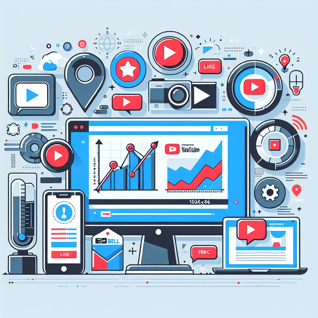 גרפיקה מודרנית של סמלי יוטיוב, תרשים עלייה בצפיות, וסמלי לייק וסאבסקרייב, הממחישים קידום ביוטיוב בצורה מקצועית