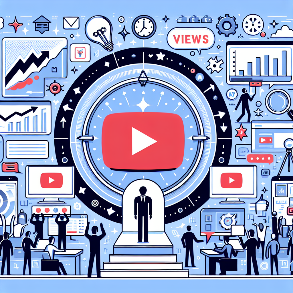 סמל יוטיוב מוקף באייקונים של צפיות, גרפים, וכלי אנליטיקס, ברקע מסכים עם סרטונים – המסמלים קידום ביוטיוב והגדלת נוכחות בערוץ