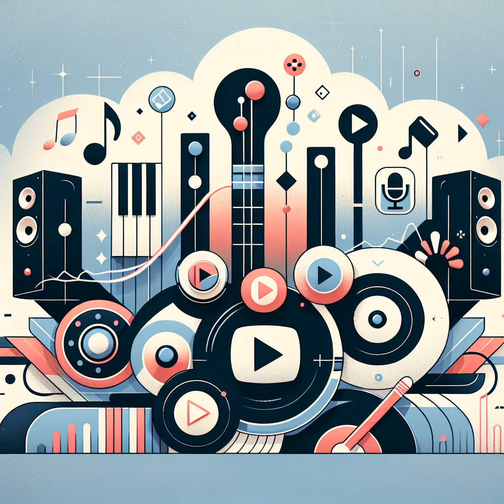אייקונים גרפיים של תו מוזיקה, סמל יוטיוב, גרף גדילה, רמקולים ומיקרופון מייצגים קידום זמרים ביוטיוב ושיטות להגדלת הקהל