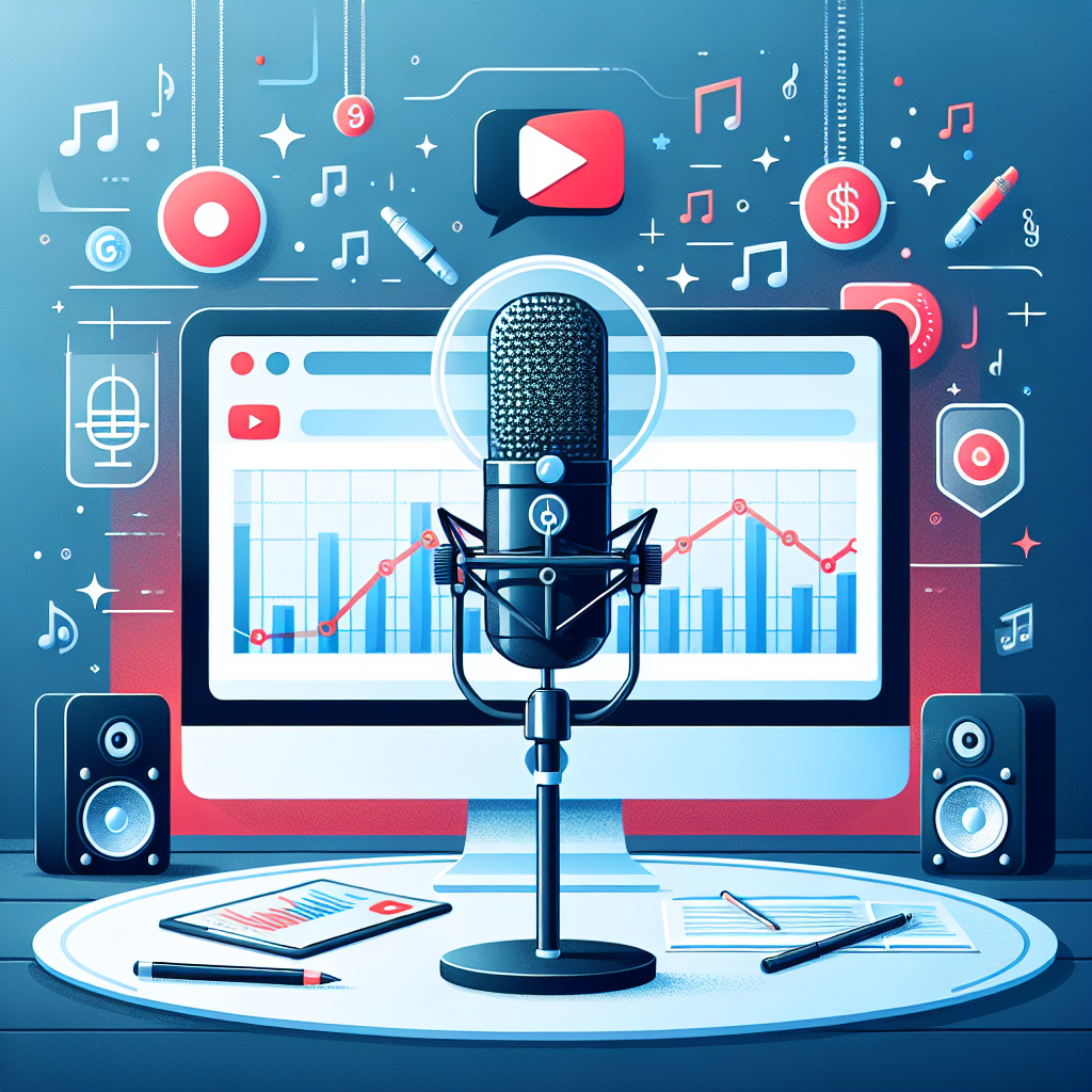 מיקרופון מקצועי לצד מסך מחשב עם לוגו יוטיוב וגרפים של נתוני צפייה וצמיחה, סמלים מוזיקליים, המשקפים קידום זמרים ביוטיוב והצלחה בקריירה מוזיקלית