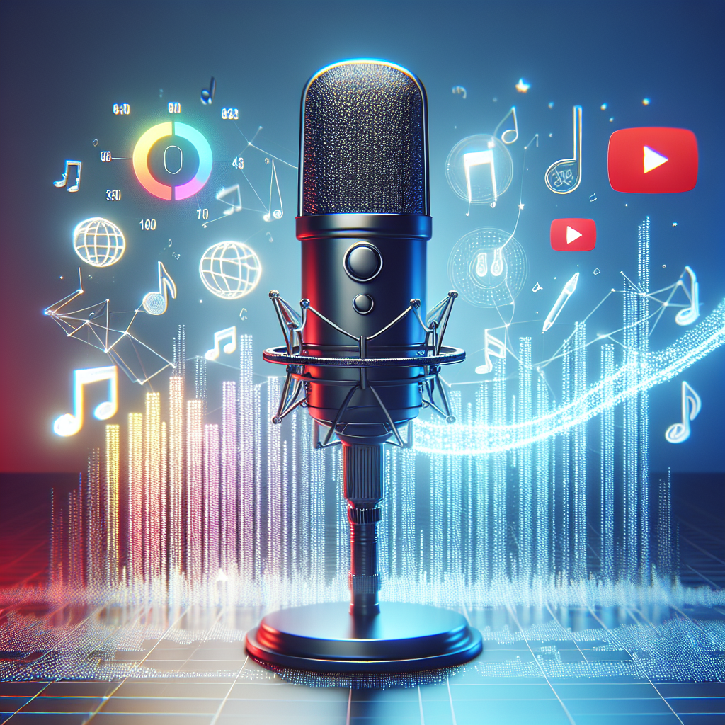 מיקרופון על רקע מסך יוטיוב וגרפים שמייצגים עלייה בחשיפה, תווים מוזיקליים סביב, מסמל קידום זמרים ביוטיוב והבלטת הערוץ