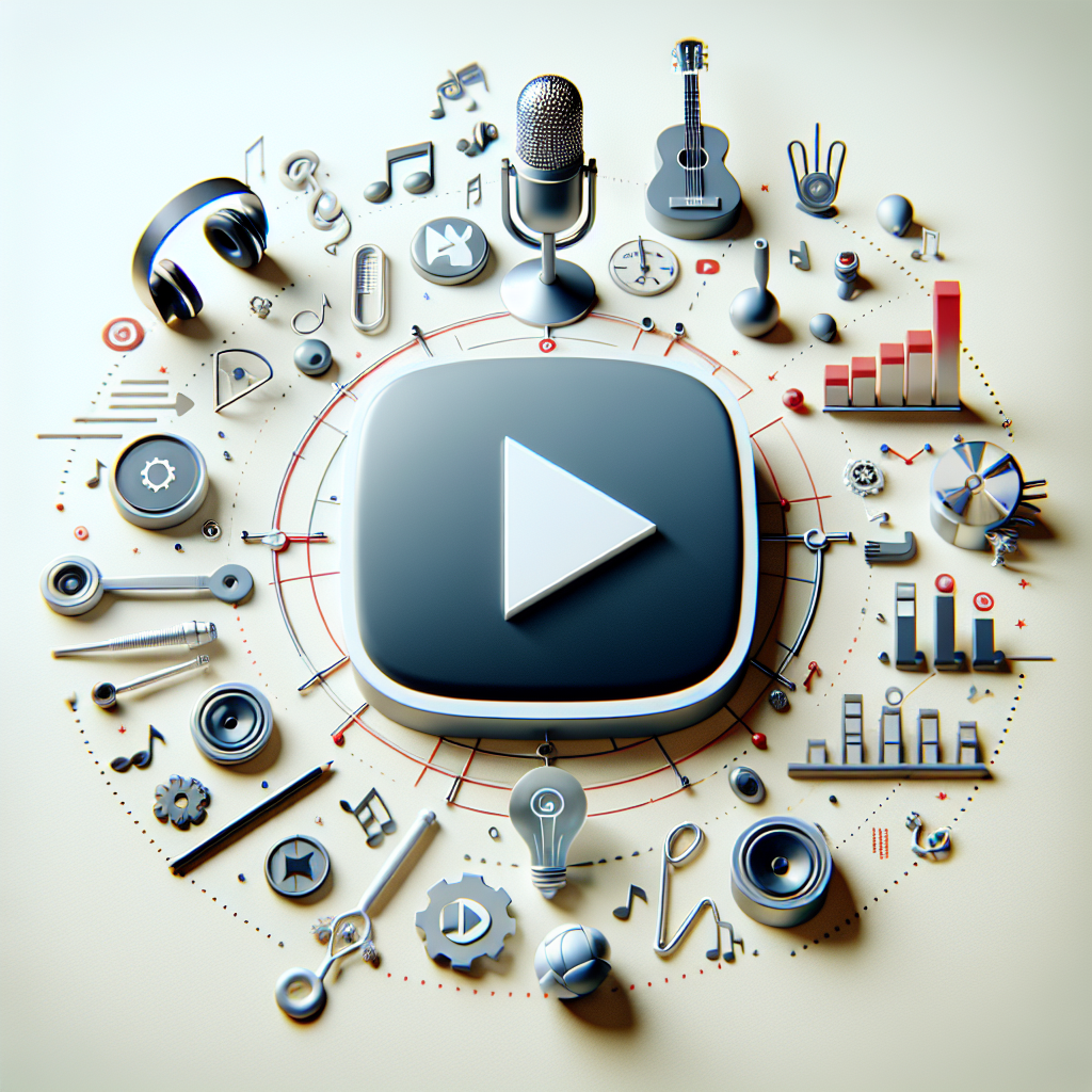 סמל יוטיוב מוקף באלמנטים מוזיקליים מודרניים כמו מיקרופון, אוזניות ותווים, לצד גרפים שמייצגים עלייה בצפיות – מתאים למאמר על קידום זמרים ביוטיוב.