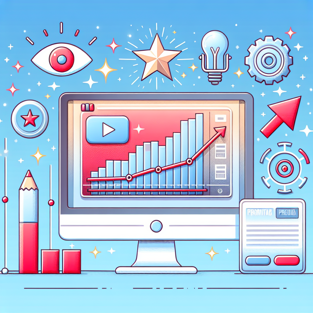איור של מסך יוטיוב עם וידאו פופולרי, ספירת צפיות גבוהה וסמלי קידום והצלחה, המדגיש את היתרונות של קניית צפיות ביוטיוב לערוץ