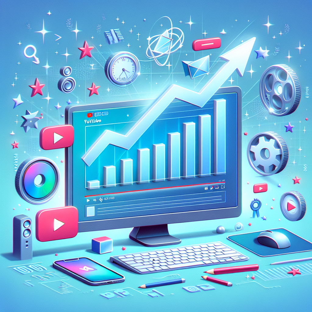גרף עלייה ומסך מחשב המציג סרטון יוטיוב עם מונה צפיות עולה, מוקפים באייקונים של יוטיוב והצלחה, לתיאור קפיצת צפיות בערוץ יוטיוב.