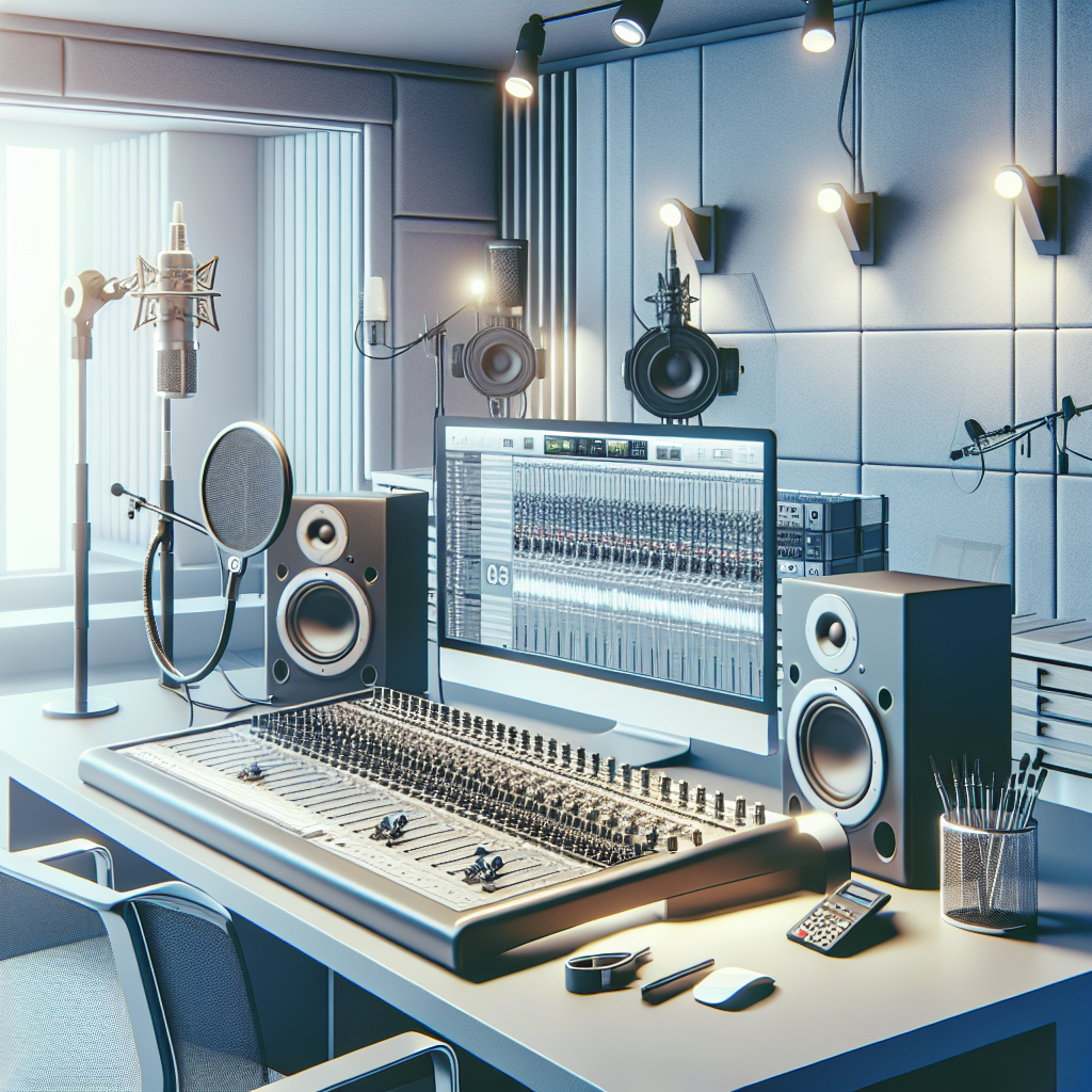 אולפן הקלטות מקצועי עם קונסולת סאונד מתקדמת, מיקרופונים איכותיים ותאורה מדויקת, מוכן להקלטת שירים ומוזיקה