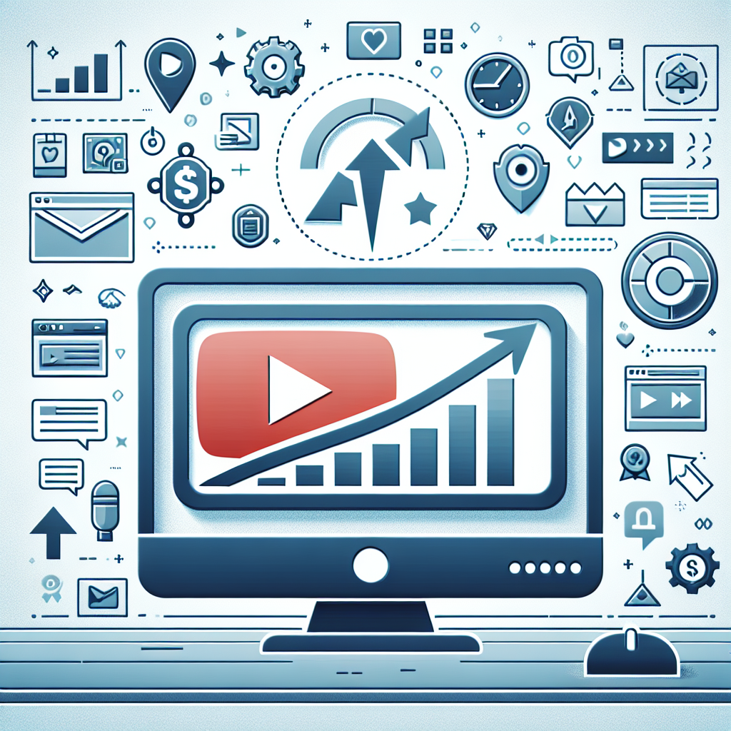 אילוסטרציה של מסך מחשב עם לוגו יוטיוב ומונה צפיות עולה במהירות, מוקף באיקונים דיגיטליים שמסמלים חשיפה ויראלית, מתאימה למאמר על קניית צפיות ביוטיוב וקבלת חשיפה מיידית.