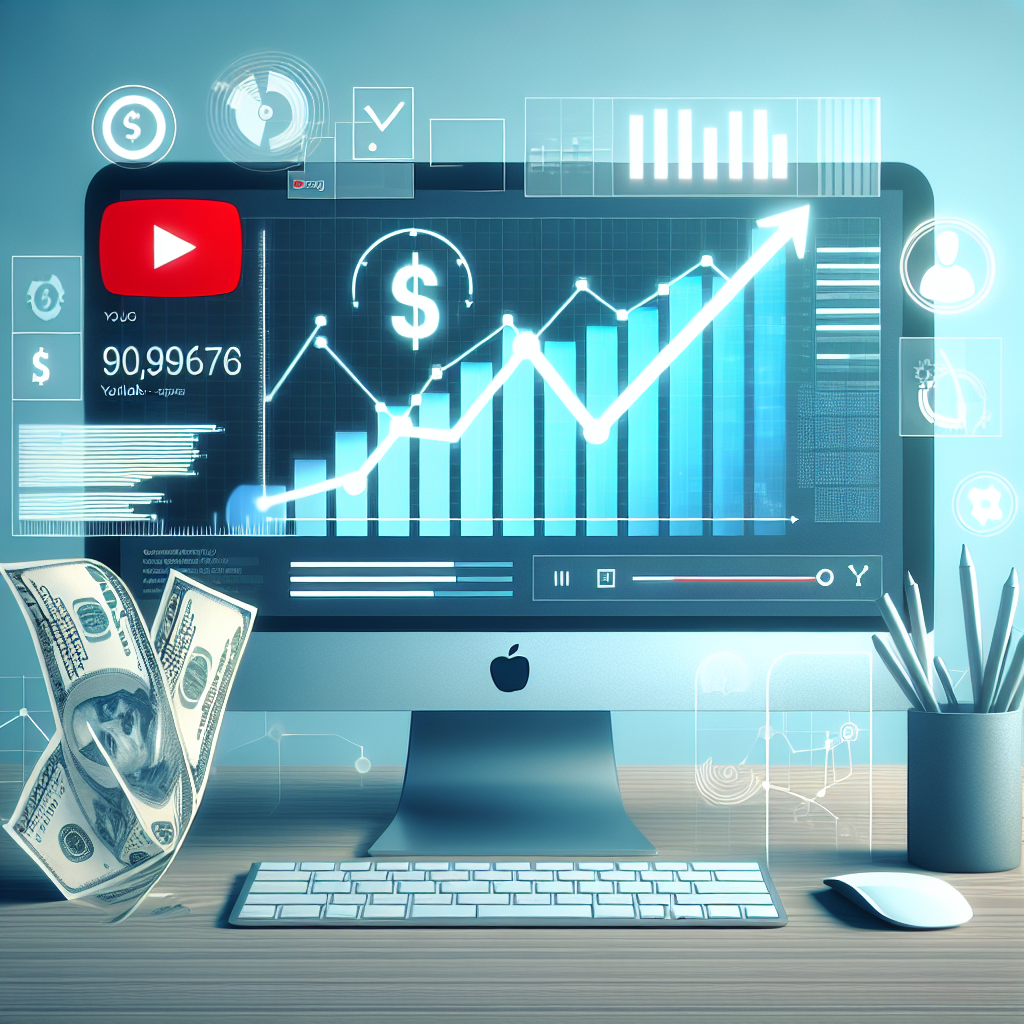 מסך מחשב עם ממשק יוטיוב המראה סרטון עם מספר צפיות גבוה וגרף גדילה, המחיש את נושא קניית צפיות ביוטיוב