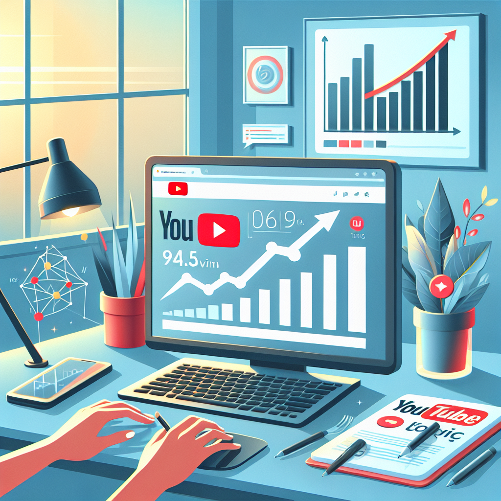 גרף עלייה בצפיות לצד מסך המחשב עם לוגו יוטיוב, המדגיש הצלחת סרטון ביוטיוב בעזרת קניית צפיות
