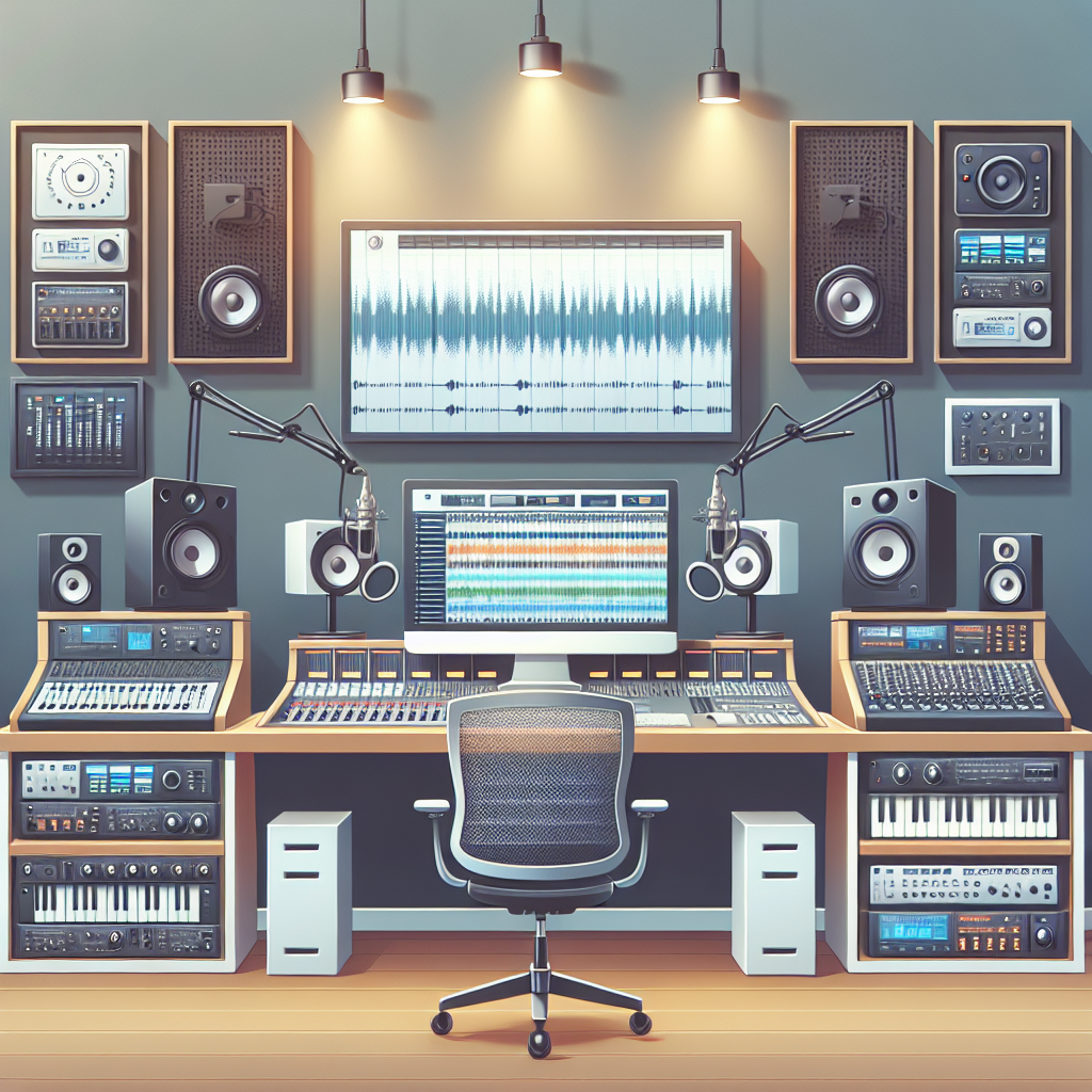 אולפן הקלטות מקצועי ומודרני המציג ציוד מתקדם כמו מיקרופונים, מיקסר ומסכי עריכת סאונד, שלם ורלוונטי לבחירת אולפן הקלטות איכותי