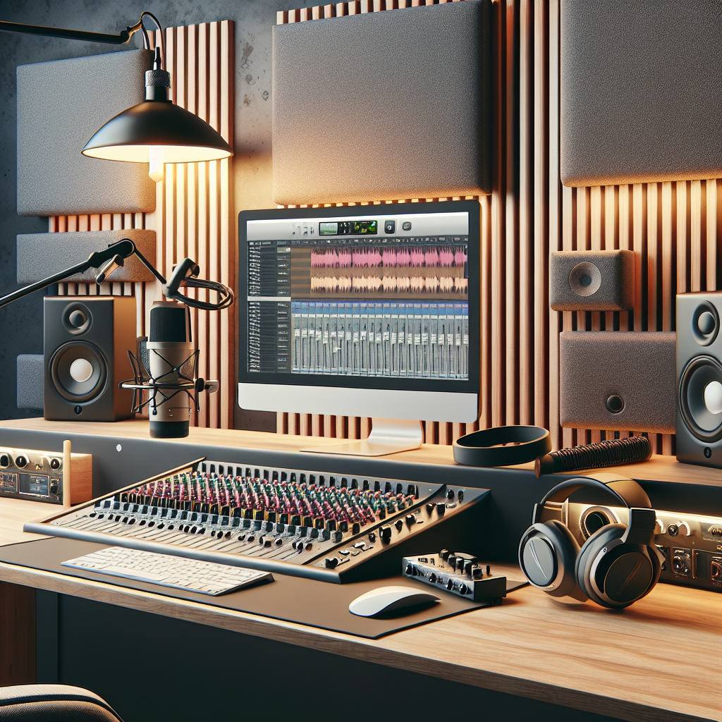 ציוד מקצועי של אולפן הקלטות כולל מיקסר, מיקרופון, אוזניות ומחשב עם תוכנת סאונד, משמשים לבחירת אולפן הקלטות איכותי
