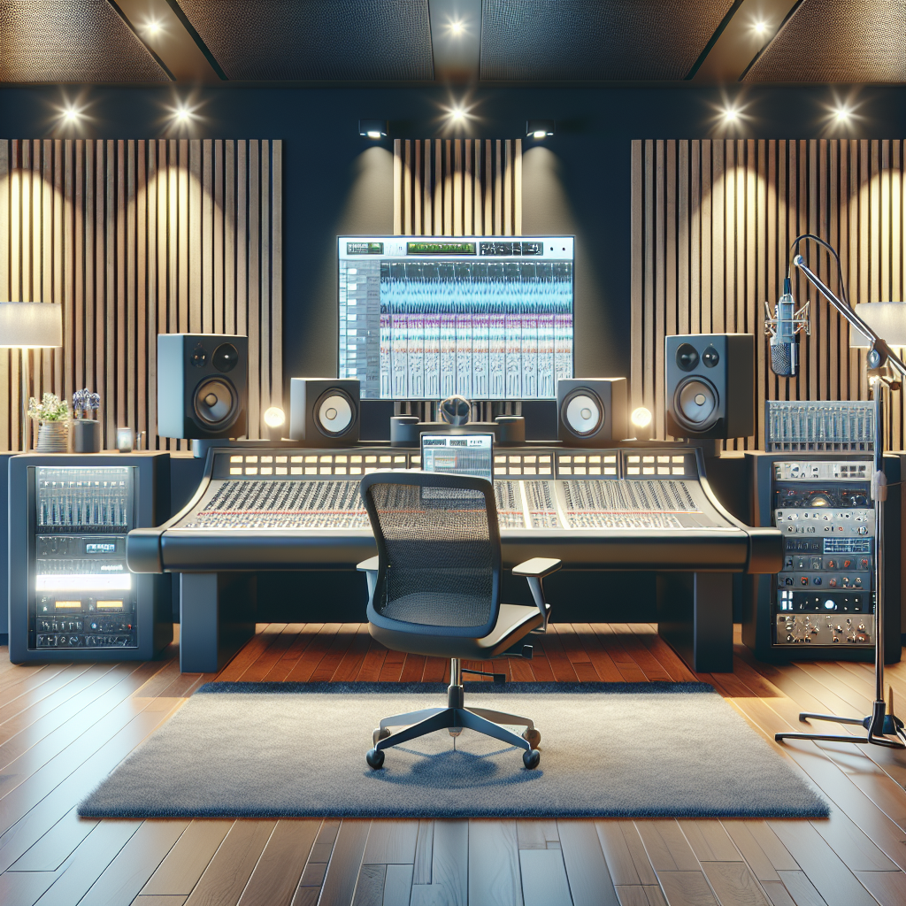 אולפן הקלטות מקצועי עם ציוד סאונד מתקדם, מיקרופון, קונסולת מיקסינג ושמע, חדר אקוסטי מבודד לאיכות הקלטה גבוהה