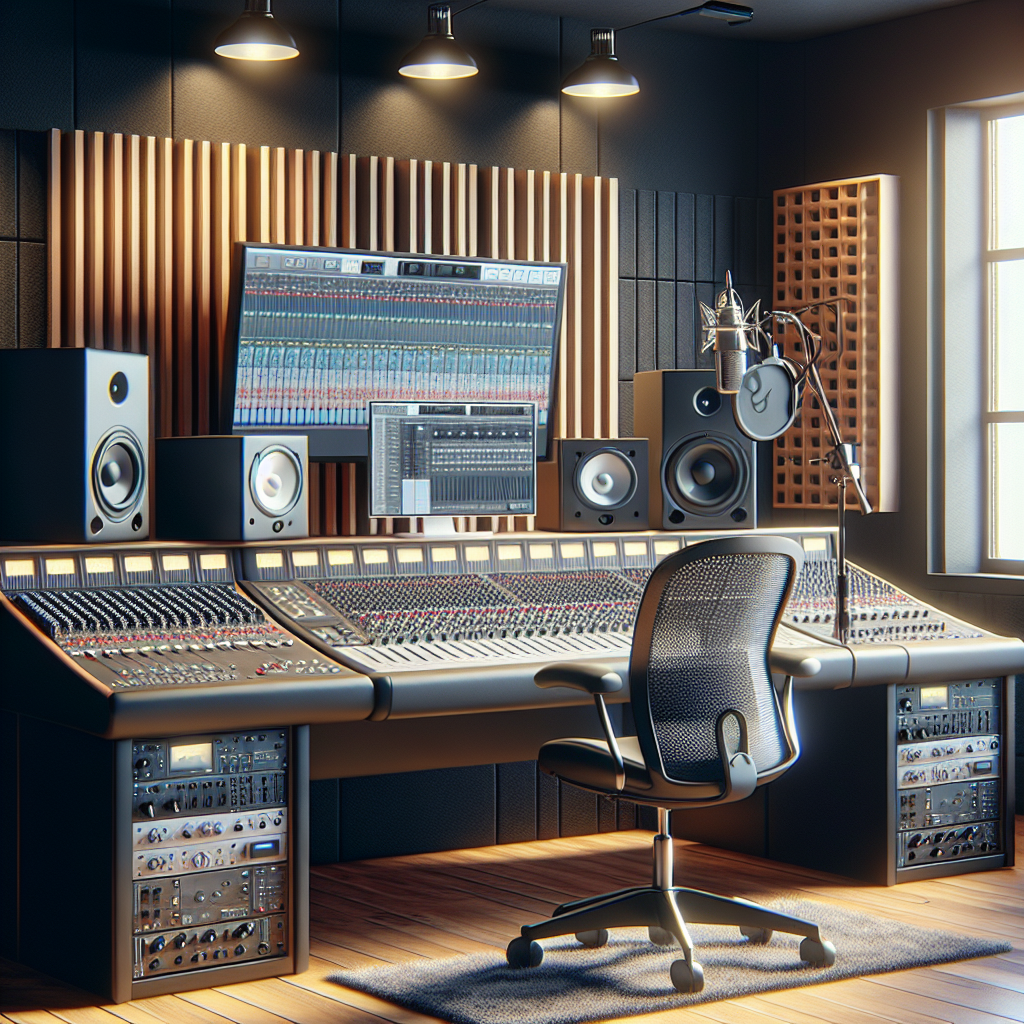 אולפן הקלטות מקצועי ומודרני עם ציוד מתקדם, כולל מיקסר, מיקרופונים ורמקולים, משדר תחושת איכות ודיוק מקצועי