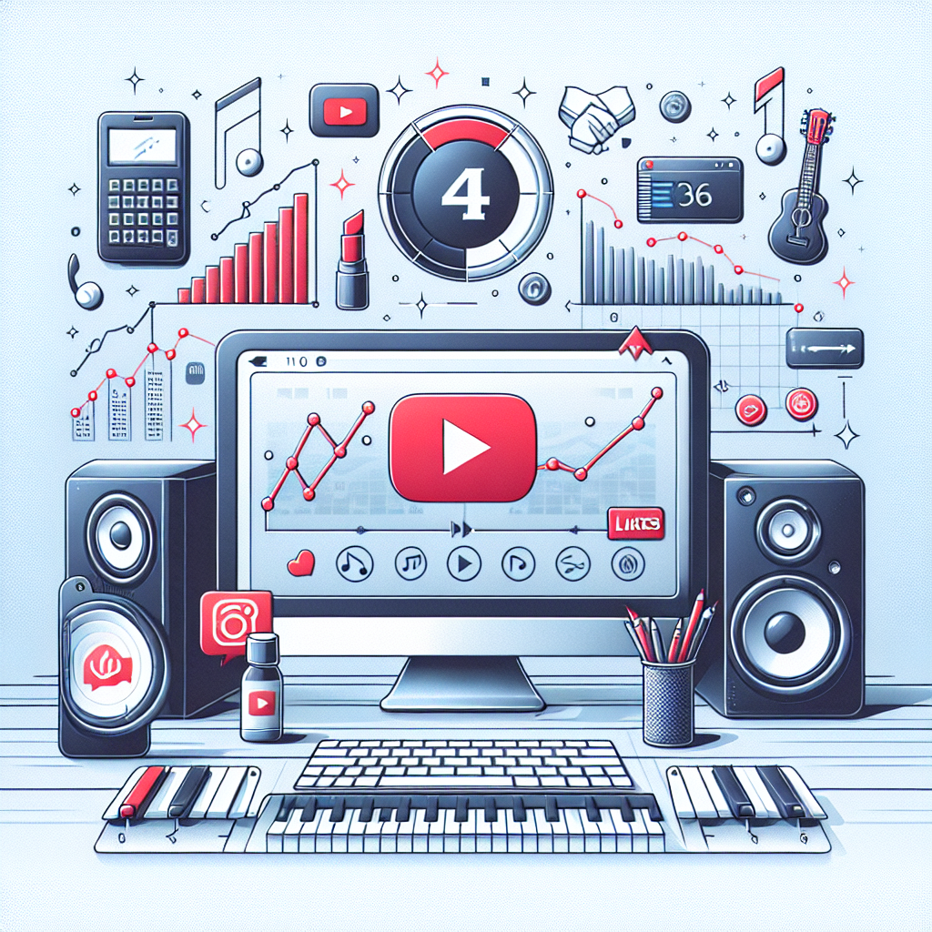 מסך יוטיוב עם גרף צפיות עולה, אייקונים של לייקים ומוזיקה, המסמלים קניית צפיות אמיתיות וקידום זמרים ביוטיוב בישראל