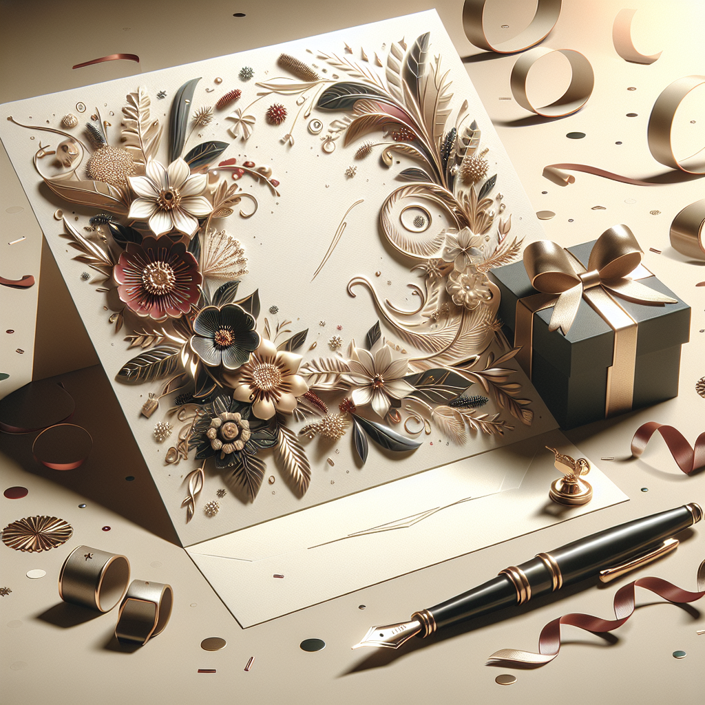 כרטיס ברכה מודרני עם עיטורי פרחים עדינים, עט נובע וקופסת מתנה קטנה על רקע אלגנטי, אווירה חגיגית המותאמת לברכה לבת מצווה או לאירועים משמחים