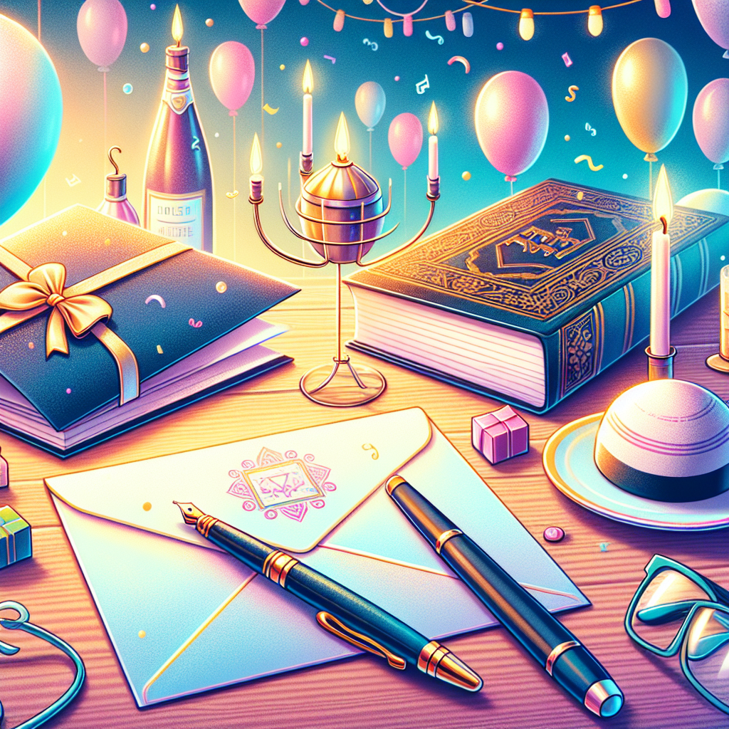 קלף ברכה מעוצב, עט איכותי ומעטפה מונחים על שולחן עץ, עם בלונים וספרי קודש סגורים ברקע, לציון כתיבת ברכה לבר מצווה, ברכה לבת מצווה וברכה לאירועים משפחתיים.