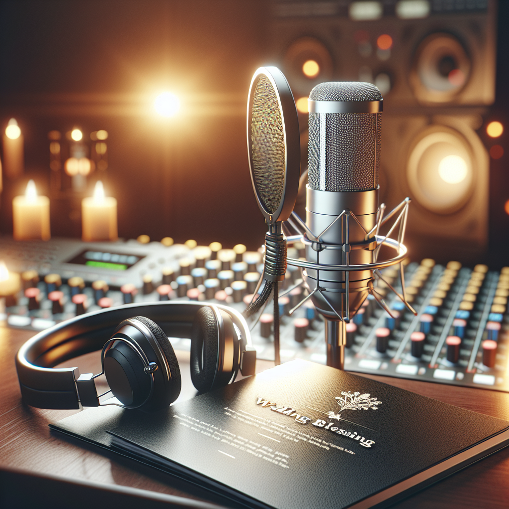 מיקרופון מקצועי באולפן הקלטות, אוזניות ודף עם כיתוב 'ברכה לחתונה' על רקע ציוד אודיו, מסמל הקלטת ברכה לחתונה באולפן הקלטות איכותי.