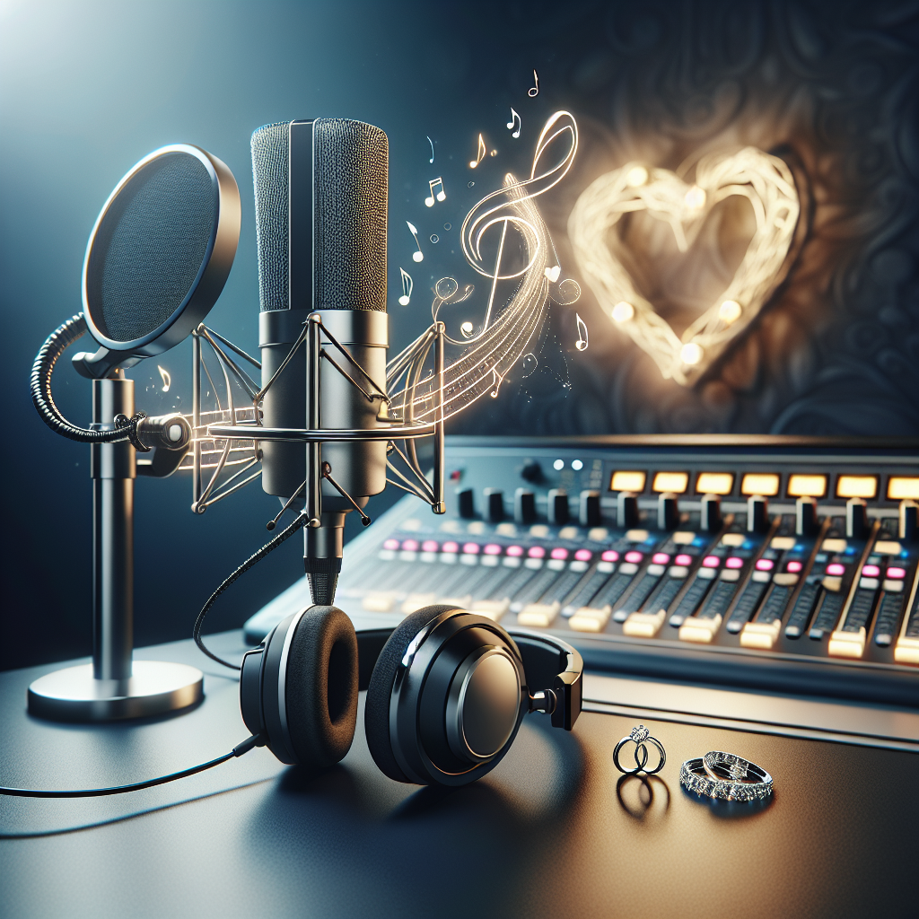 מיקרופון ואוזניות מקצועיים באולפן הקלטות מודרני עם תווים מוזיקליים וטבעת חתונה ברקע – מתאים לאתר בנושא ברכה לחתונה מוקלטת באולפן הקלטות מקצועי