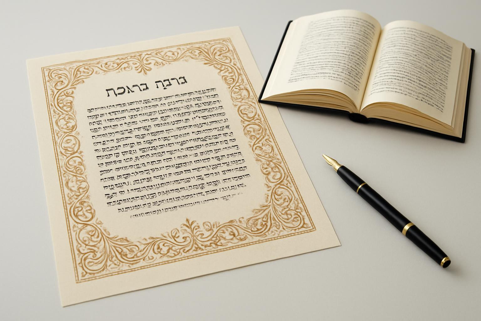ברכה מעוצבת על קלף עם עט נובע וספר ברכות פתוח.