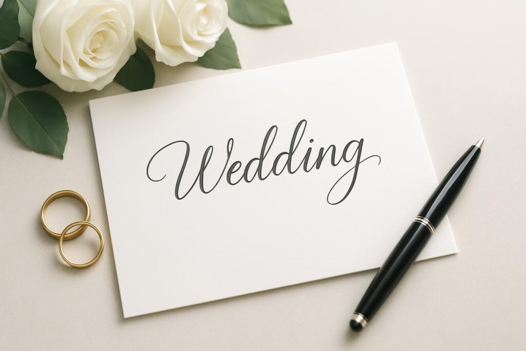 כרטיס עם הכיתוב Wedding לצד טבעות נישואין, ורדים לבנים ועט