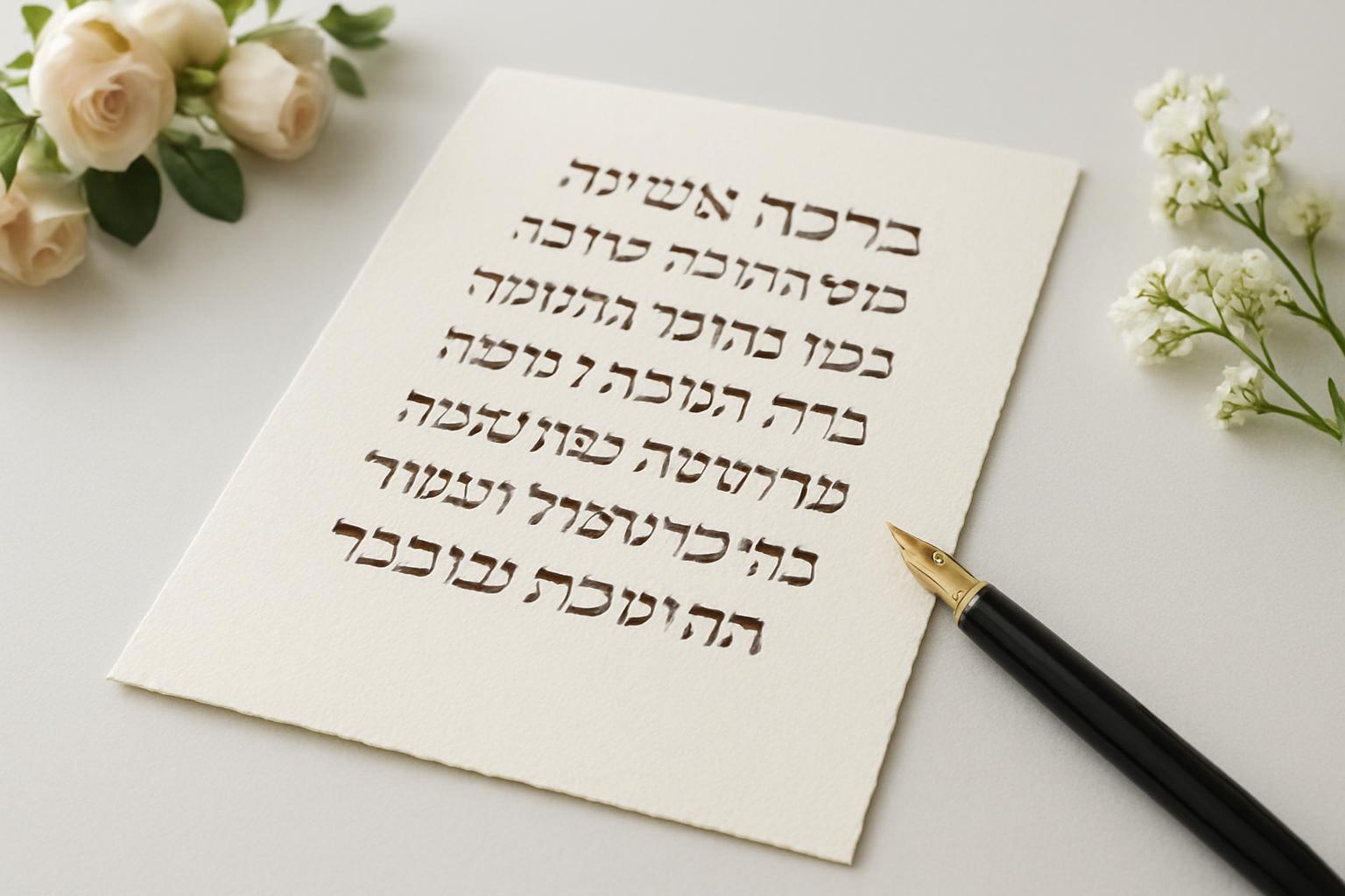 ברכה אישית לחתונה כתובה על נייר אלגנטי עם עט ופרחים.