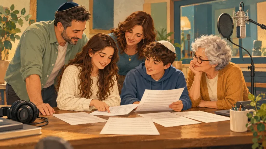 איור של בני משפחה משלושה דורות המתכננים יחד את תפקידי השירה סביב דפי מילים, לצד מיקרופון ואוזניות